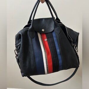 Longchamp Black and Red Leather Tote Bag with Sporty Stripe Design
